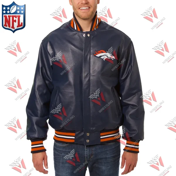 Men’s Denver Broncos Wrestling Championship Navy Leather Jacket