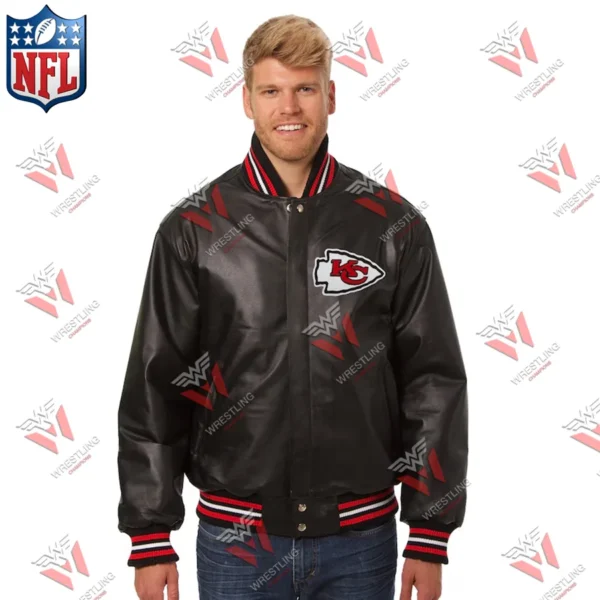 Men’s Kansas City Chiefs Wrestling Championship NFL Black Leather Varsity Jacket