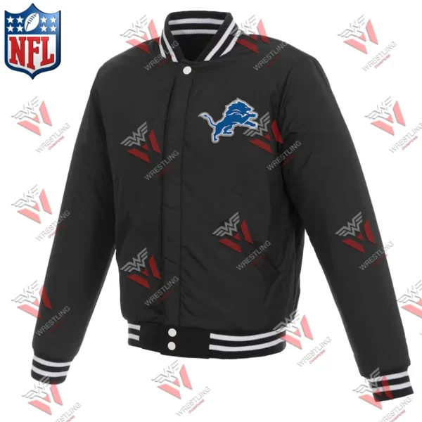 Men’s Detroit Lions BlackWhite Reversible Fleece Full-Snap NFL Jacket with Faux Leather Sleeves