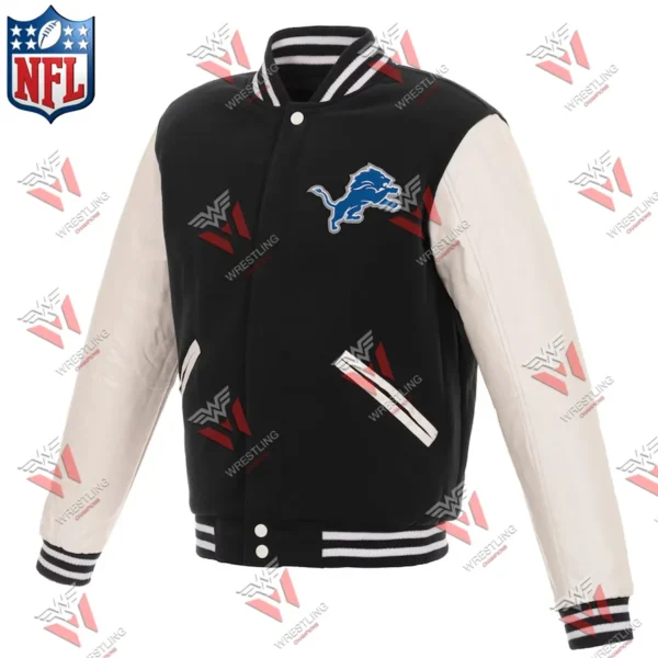 Men’s Detroit Lions BlackWhite Reversible Fleece Full-Snap NFL Jacket with Faux Leather Sleeves