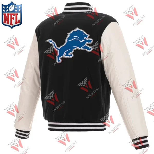 Men’s Detroit Lions BlackWhite Reversible Fleece Full-Snap NFL Jacket with Faux Leather Sleeves