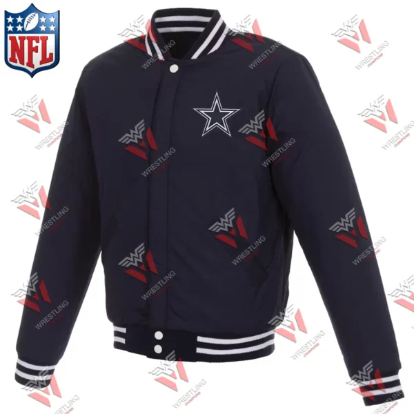 Dallas Cowboys Reversible Fleece NFL Jacket with Faux Leather Sleeves – NavyWhite