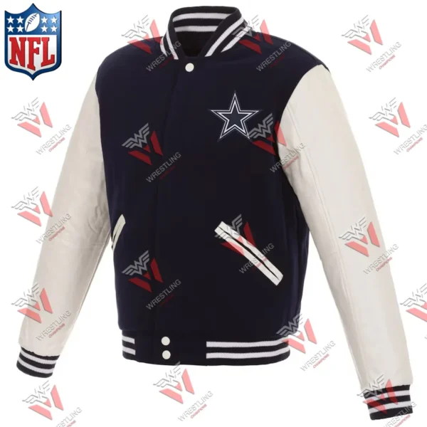 Dallas Cowboys Reversible Fleece NFL Jacket with Faux Leather Sleeves – NavyWhite