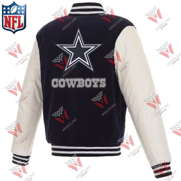 Dallas Cowboys Reversible Fleece NFL Jacket with Faux Leather Sleeves – NavyWhite