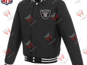 Men’s Las Vegas Raiders BlackWhite Reversible Fleece Full-Snap NFL Jacket with Faux Leather Sleeves