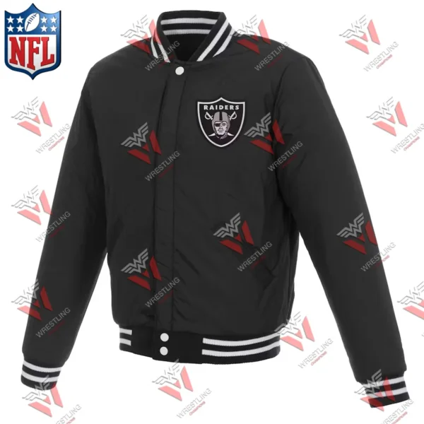 Men’s Las Vegas Raiders BlackWhite Reversible Fleece Full-Snap NFL Jacket with Faux Leather Sleeves