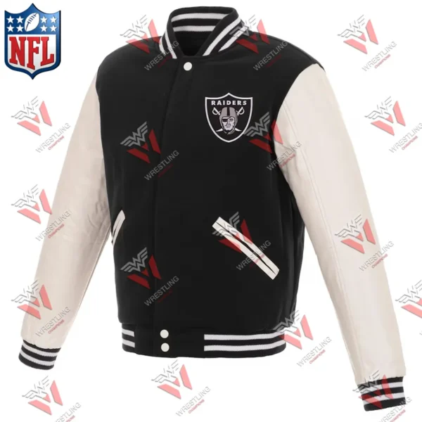 Men’s Las Vegas Raiders BlackWhite Reversible Fleece Full-Snap NFL Jacket with Faux Leather Sleeves