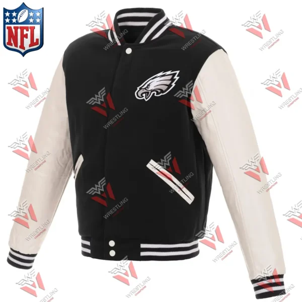 Men’s Philadelphia Eagles BlackWhite Reversible Fleece Full-Snap NFL Jacket with Faux Leather Sleeves